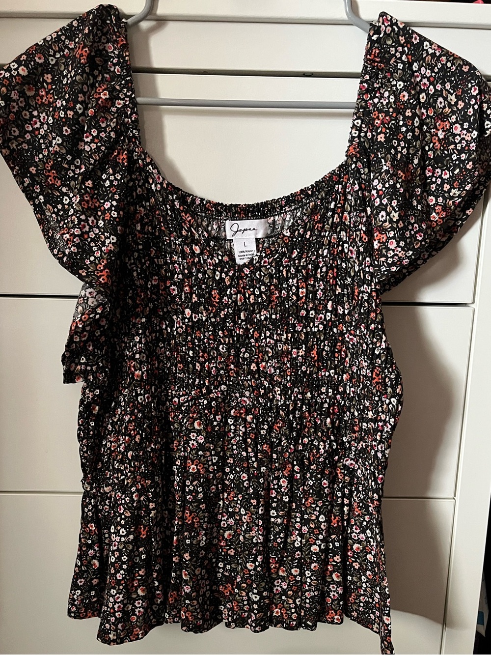Black Floral Smocked Ruffle Sleeve Top